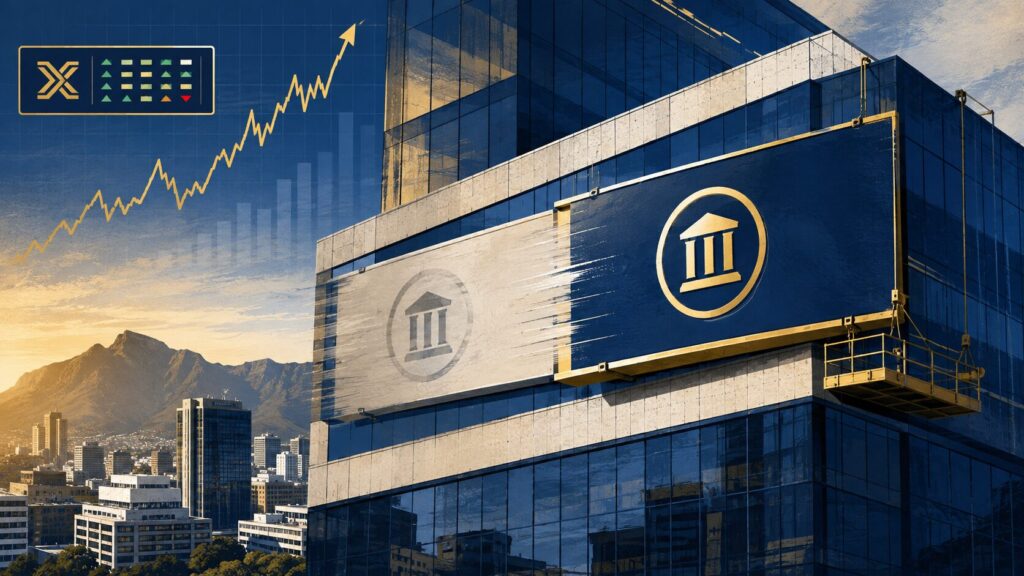 "Illustration of a corporate building with changing signage, symbolizing Capitec Bank Holdings' name change to Capitec Limited"